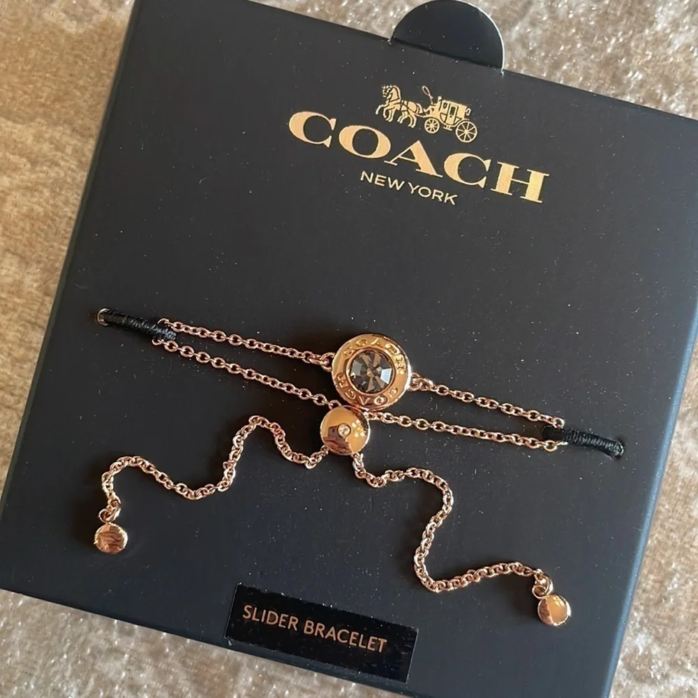 Brand New Coach Open Circle Slider Bracelet Rose Gold Glass Stone